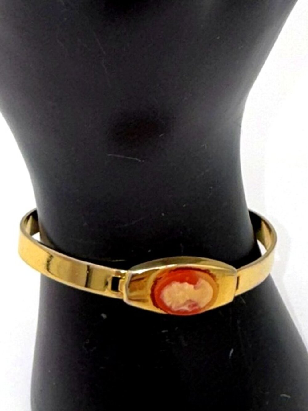 Gold Tone Cameo Cuff Bracelet Vintage Style Hinged Bangle Bracelet